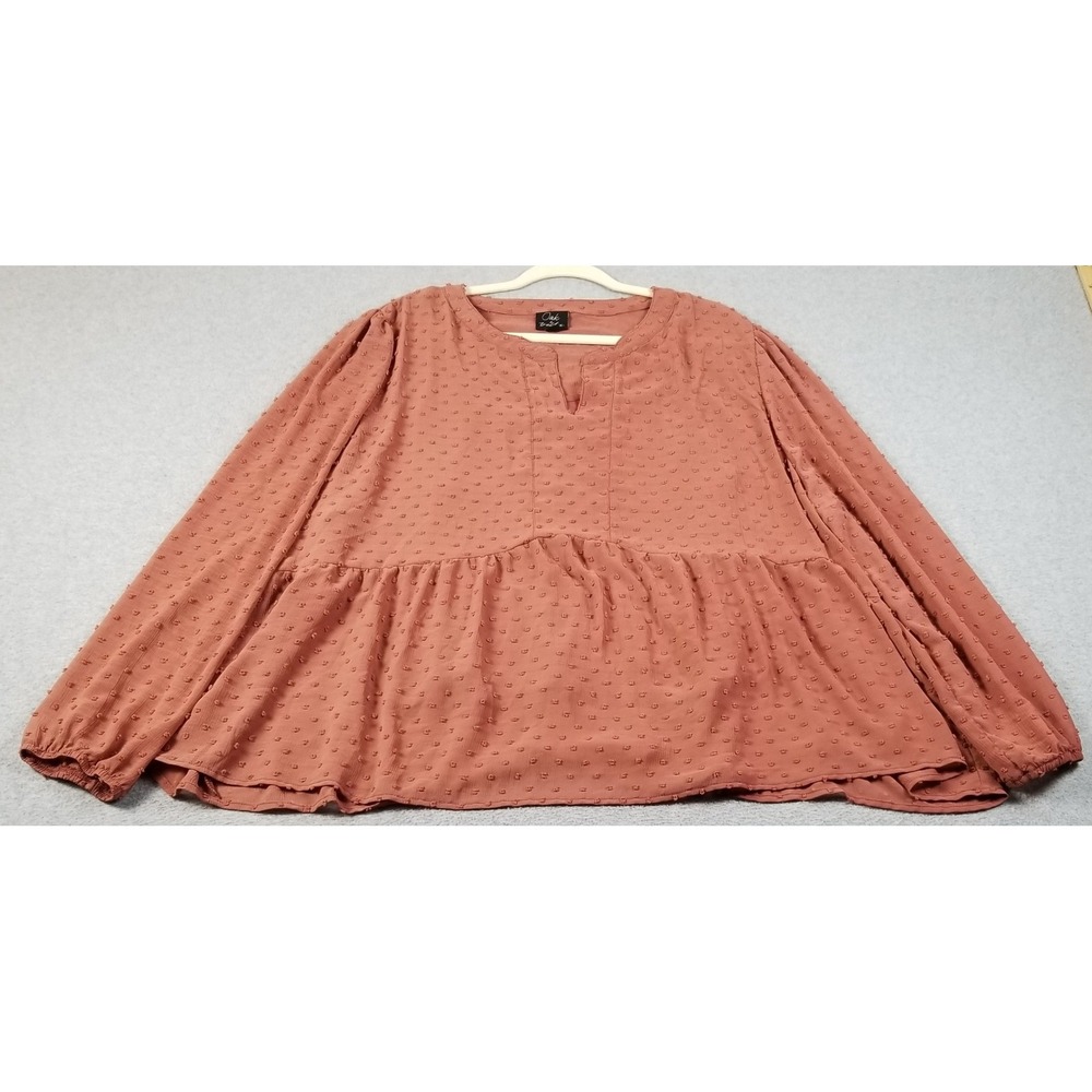 Oak & Trellis Blouse Womens 3X Plus Pink Swissโ Dot Peplum Long Sleeve Babydoll